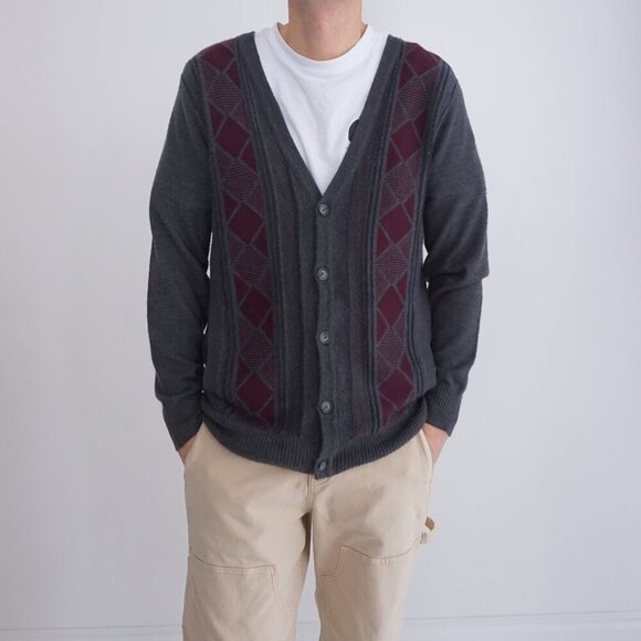 Vintage Arnold Palmer Gray Maroon Eclectic Grandpa Button Up Cardigan Sweater S - Picture 1 of 9